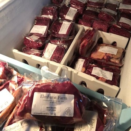 Colleen+Axberg+-+IMG_0264+(1) Packages of various cuts of beef, including sirloin steak and ground beef, neatly arranged in a freezer at Elmhurst Farm, showcasing high-quality, locally sourced meat products.