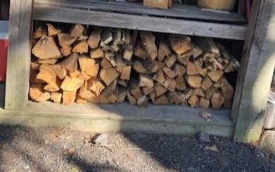 Colleen+Axberg+-+IMG_0344 Stacked firewood neatly organized on a wooden shelf, with varying sizes of logs, ready for use in a fireplace or outdoor fire pit.